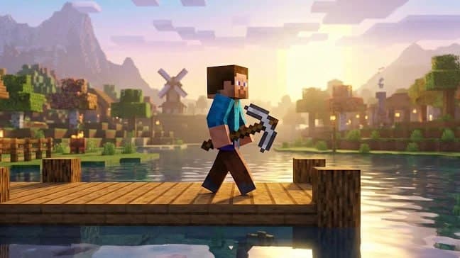 Minecraft Steve character walking on a dock in front of a village at sunset
