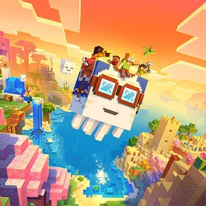 Minecraft airship flying over a colourful End-like dimension