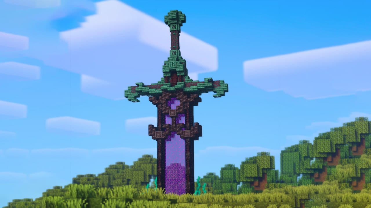 Player-built sword-shaped monument in Better Minecraft