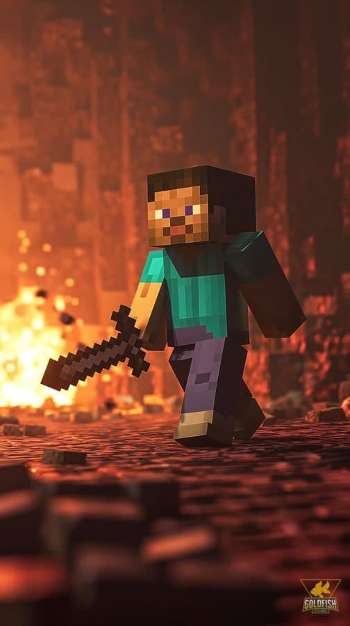 Steve mid-combat in a lava-lit nether cavern with sword drawn