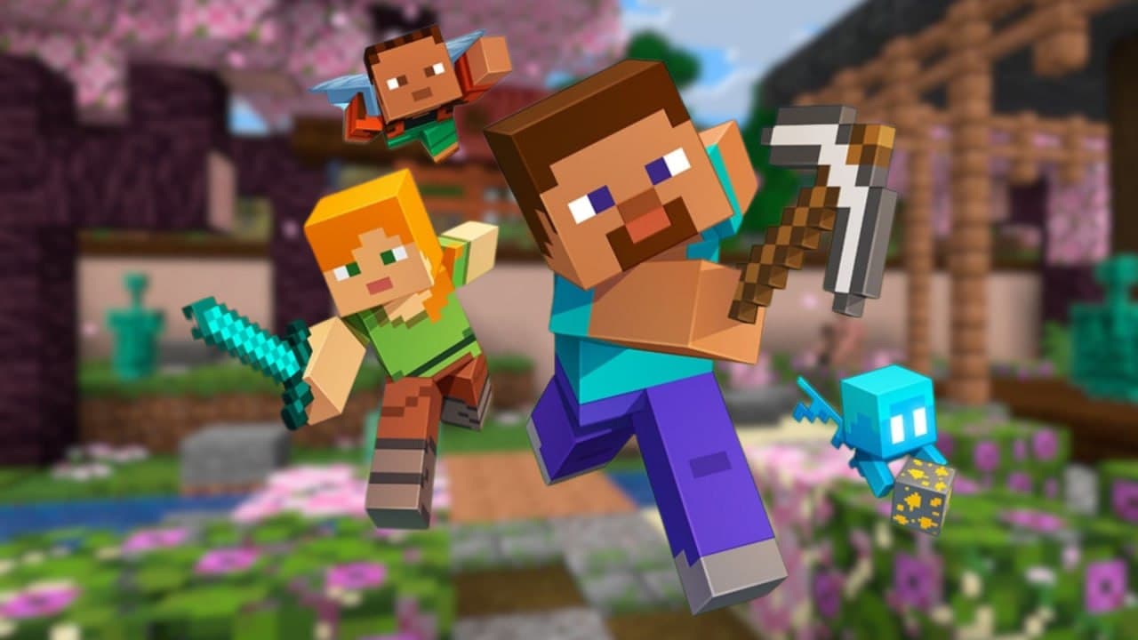 Dense forest with cherry blossom canopy and Minecraft characters