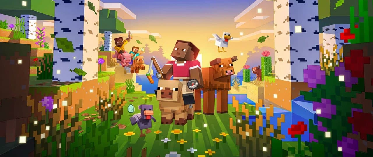 Better Minecraft cross-biome view showing villages, animals and airship